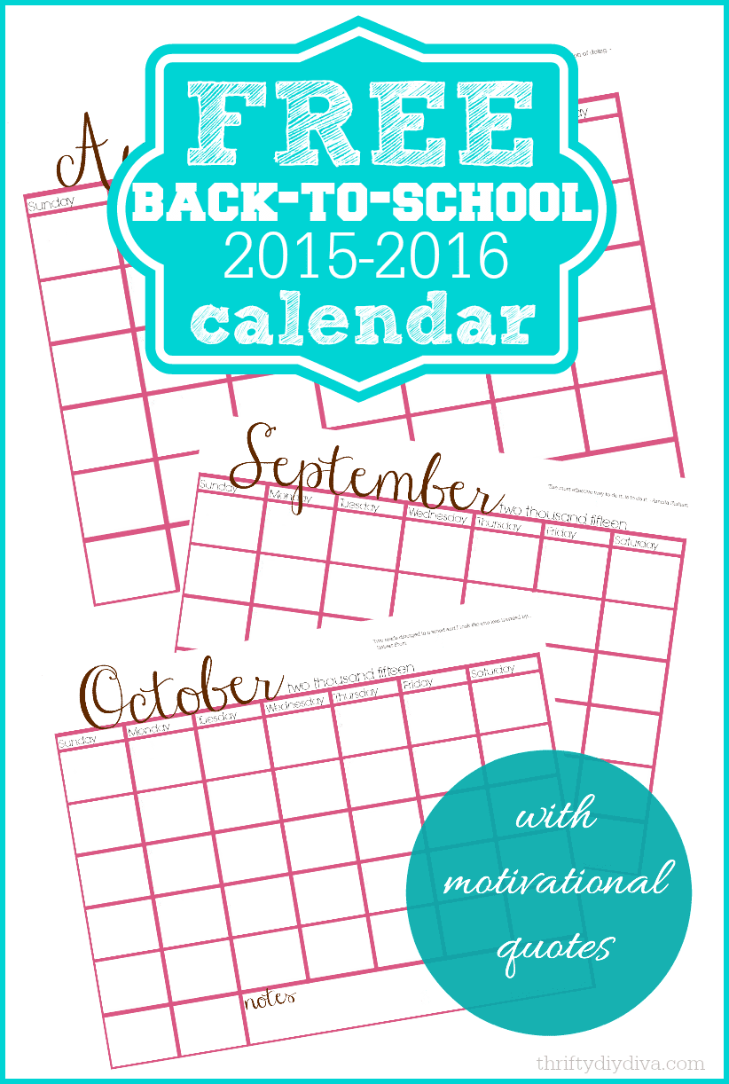 Free Back To School Printable Calendar 2015 2016