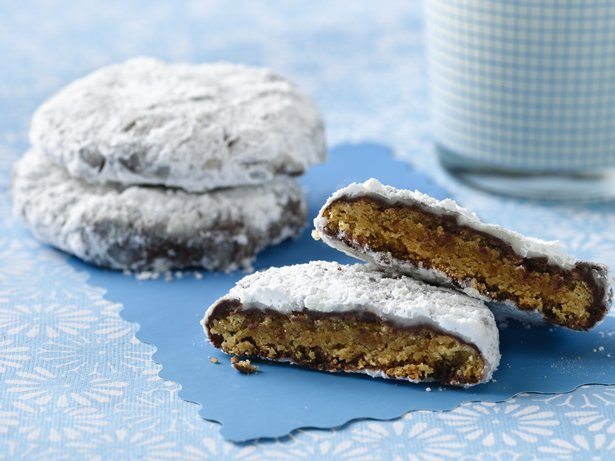 Chocolate Dipped Peanut Butter Cookies with Powdered Sugar
