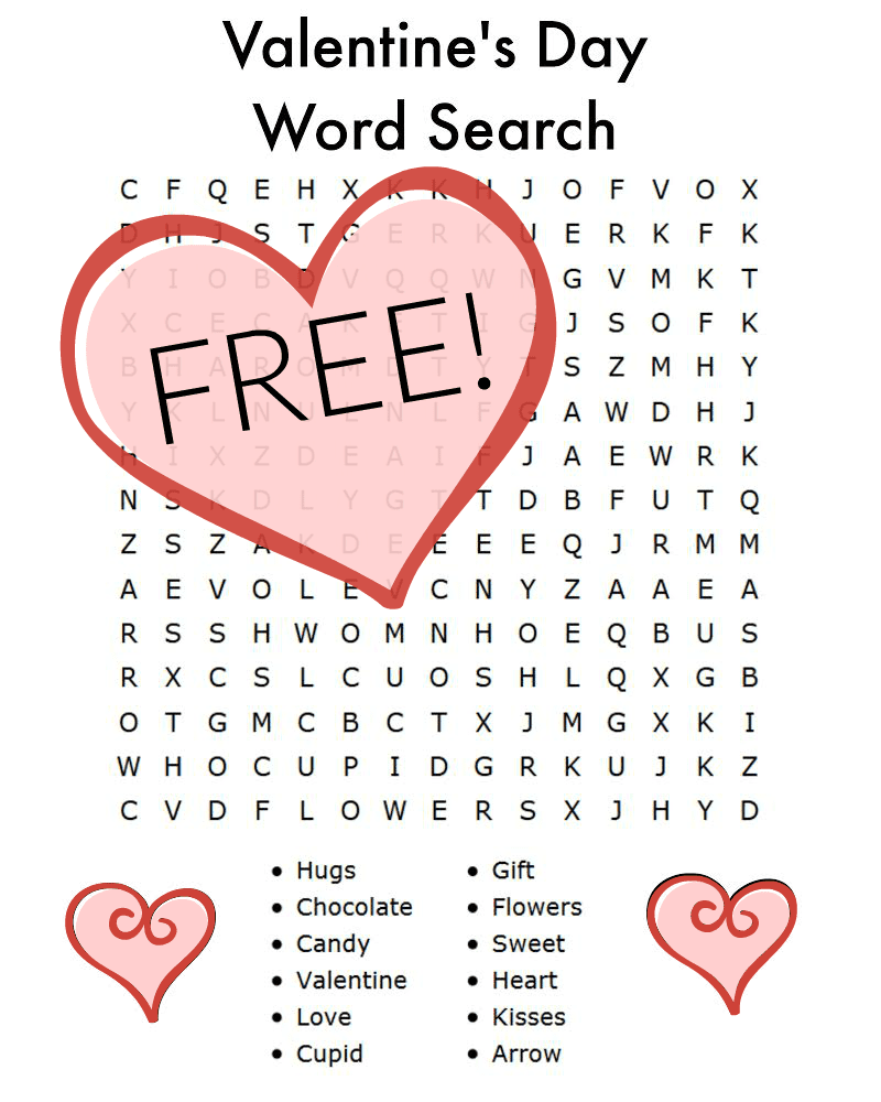 Valentines Day Word Search Free Printable for Kids